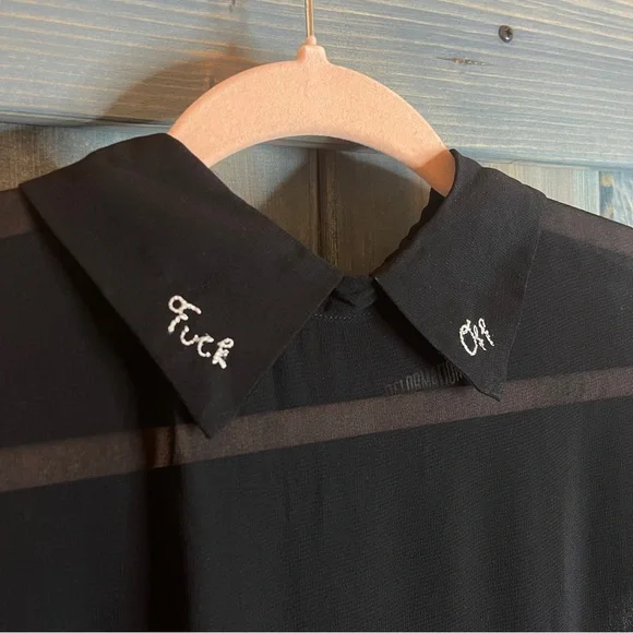 Reformation RARE F*ck Off Embroidered Collar Black Sheer Top - Picture 2 of 5